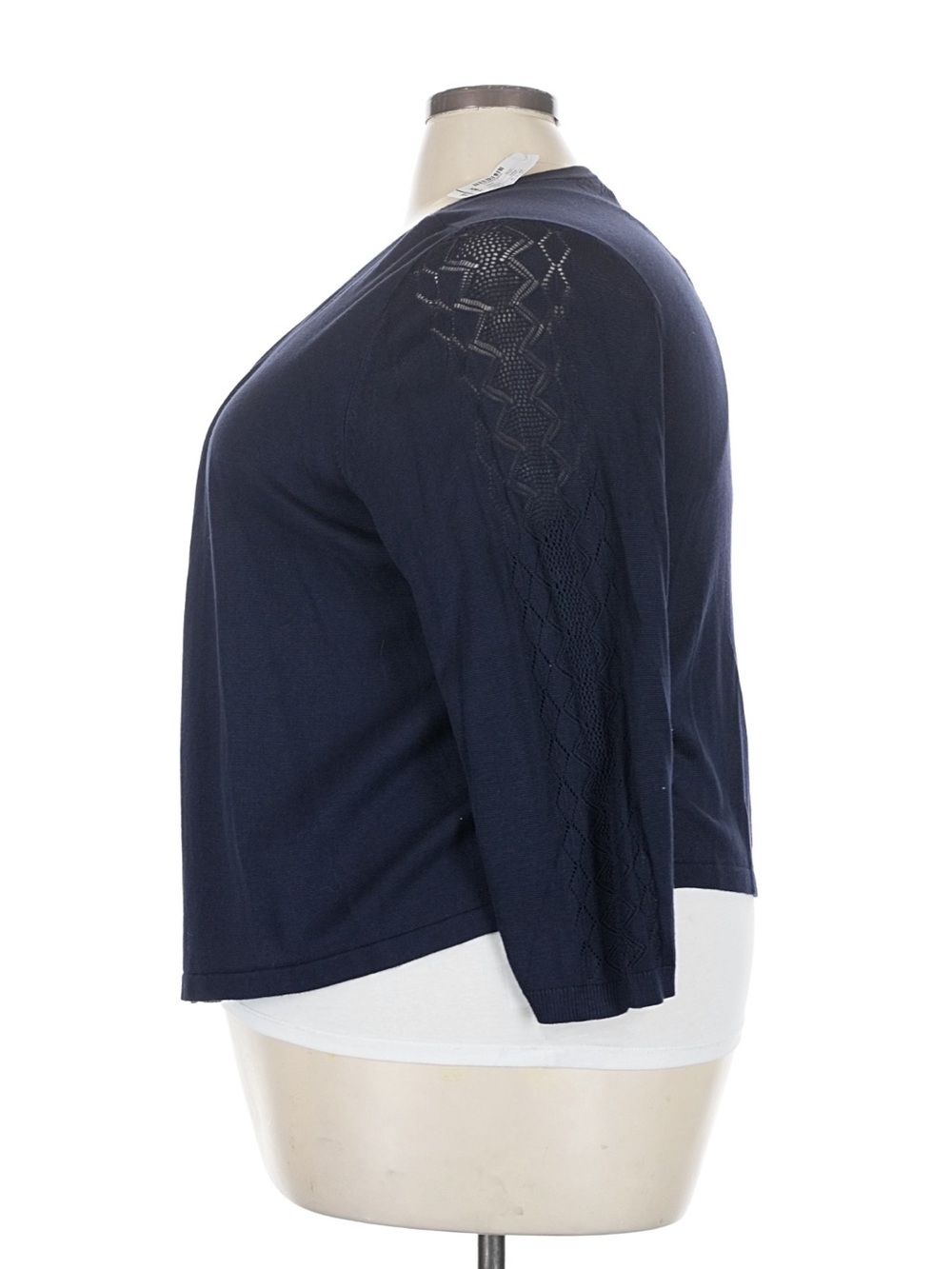 CJ Banks Navy Open-Front Cardigan with Lace-Detail Sleeves - Picture 4 of 9
